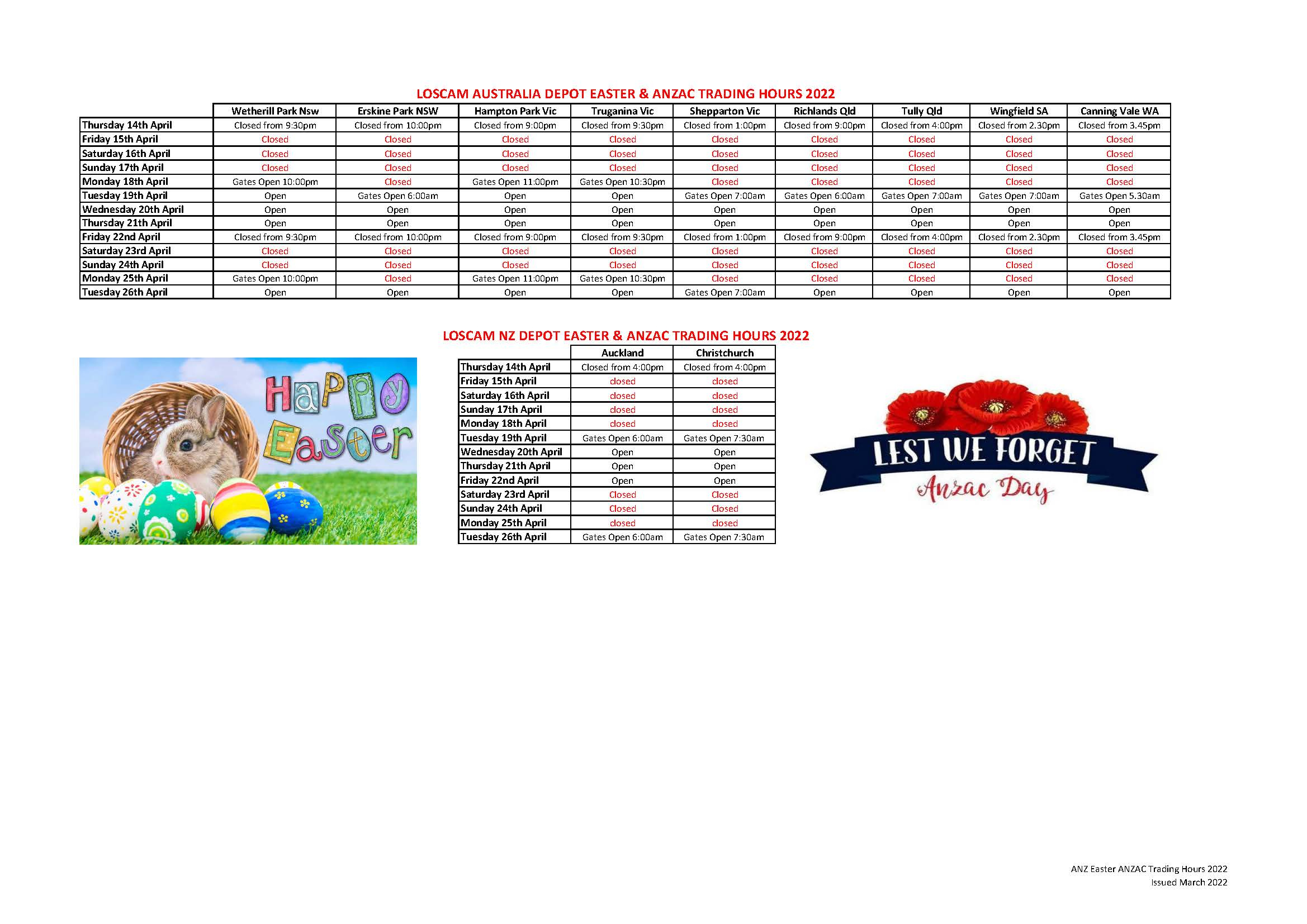 Loscam Anz Depot Easter Anzac Trading Hours 2022